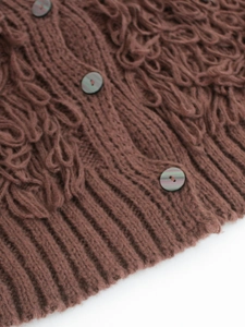 Close-up of brown knit cardigan with fringe detailing, cable knit patterns, and iridescent buttons