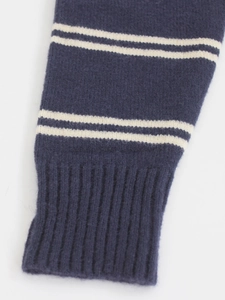 Navy blue striped knit sweater for women with ribbed cuffs and round neck design