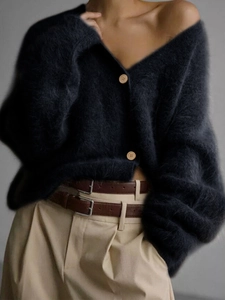 Detailed texture of charcoal grey mohair knit cardigan with V-neck and wood buttons
