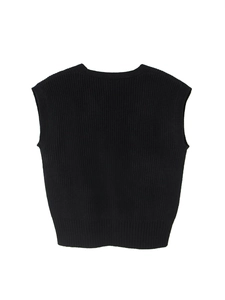 Detail of black ribbed knit vest showing V-neck design and high-quality texture