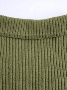 Olive green knit sweater for women featuring vertical ribbed texture and wide neckline details