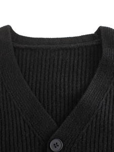 Close-up of V-neckline and matte button detail on black ribbed knit vest cardigan