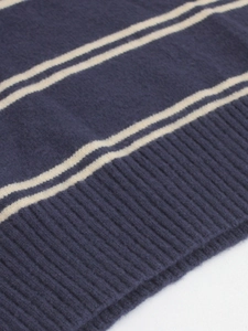 Detailed close-up of dark blue and white striped knit sweater showing ribbed texture