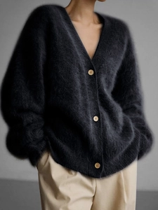 Close-up of deep grey V-neck knit cardigan with fuzzy texture and wooden buttons