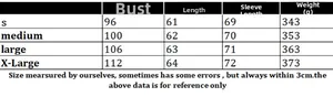 Size chart for women's knit pullover sweater showing measurements in cm and weight in grams
