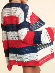 Women's hollow-out knit striped cardigan in red white and blue featuring a loose casual fit