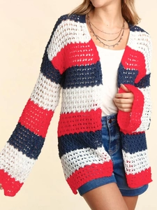Women's knit hollow-out cardigan with bold red white and navy blue stripes