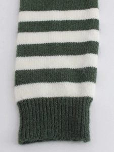Women's crewneck striped knit sweater with ribbed cuffs in green and white colors