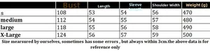 Size chart for knit crewneck sweater including bust and length for S to XL sizes