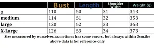 Size chart for V-neck sleeveless knit vest showing S to XL measurements and weight info