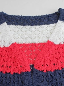 Knitted hollow color-block sweater with V-neck design in navy blue white and coral red