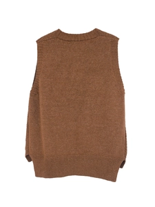 Brown knitted V-neck vest sleeveless sweater with side slits and ribbed hem back view