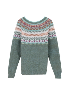 Women's green heathered Fair Isle knit sweater with crew neck and long sleeves