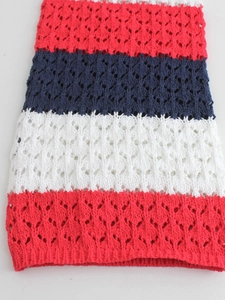 Elegant knit hollow-out sweater in red, navy, and white stripes with a honeycomb pattern