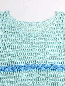 Detail of mint green crochet knit top with blue cable-knit stripe and hollow-out texture