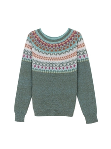 Women's crewneck Fair Isle knit sweater in green with colorful vintage floral patterns