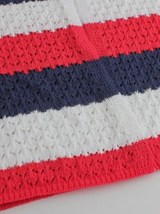 Detailed macro view of tricolor pointelle knit fabric with navy, red and white stripes
