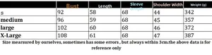 Size chart for long sleeve Halloween knit sweater showing bust and length measurements