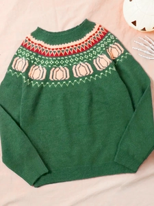 Women's Halloween Green Knit Sweater Fair Isle Pumpkin Pattern Crew Neck Raglan Sleeve Pullover Autumn Winter Casual Top