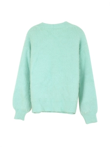 Detailed back view of a mint green knit cardigan with soft fuzzy texture and ribbed cuffs