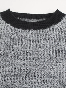 Knit round neck sweater with contrast collar and fuzzy plush texture long sleeve design