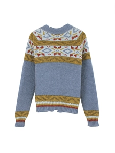 Vintage Fair Isle knit cardigan sweater with geometric patterns and buttons in blue