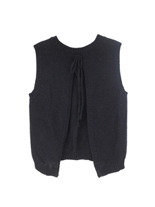 Detailed back view of a black knitted vest featuring an open back design with tie closures
