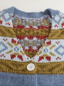 Women's knit cardigan featuring a V-neck, colorful Fair Isle geometric pattern, and button