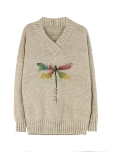Women's beige V-neck pullover sweater with colorful dragonfly and let it be print