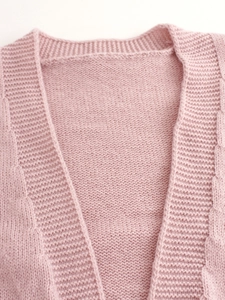 Pale pink ribbed knit cardigan for women with V-neckline and fine texture detailing