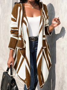 Women's long-sleeve hooded knit cardigan in brown and white striped bohemian style