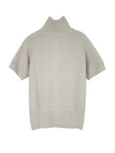 Cardigan da donna a maniche corte in maglia color avena, motivo a costine e lupetto
