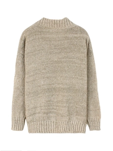 Women's beige V-neck pullover sweater with ribbed knit texture and long drop-shoulder sleeves