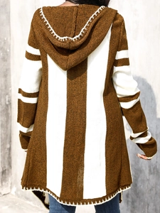 Women's brown and white striped hooded knit cardigan with decorative stitching back view