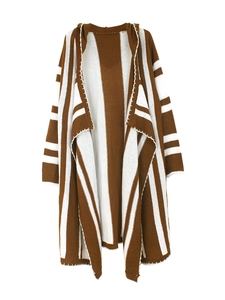 Detailed knit texture and white edge stitching on brown striped bohemian cardigan