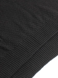 Close-up of black knitted fabric showing fine texture and vertical ribbed cuff detail