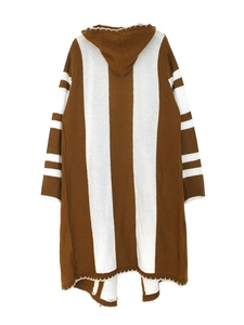 Detailed knit texture and white decorative stitching on brown striped bohemian cardigan