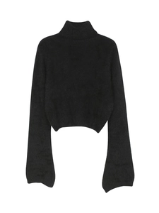 Close-up of black high collar knit sweater featuring fuzzy mohair texture and slim fit design