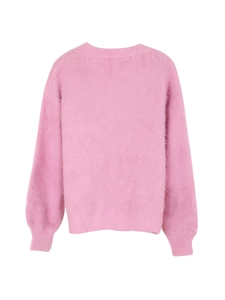 Back view of a vibrant pink knitted cardigan showing the soft fuzzy fabric texture