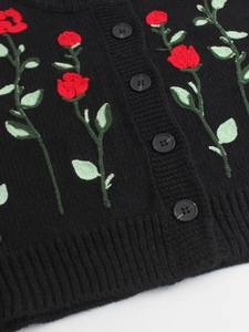 Gilet en maille noir élégant avec broderies florales et boutons ronds chic