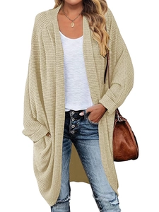 Women Casual Long Waffle Knit Cardigan Loose Drop Shoulder Open Front Sweater With Pockets Solid Color Khaki Outerwear