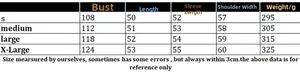 Size chart for women's knit sweater detailing bust, length, and sleeve measurements