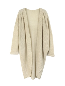 Women's mid-length chunky knit cardigan in beige with an oversized open-front design