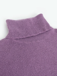 Women's purple turtleneck knitted sweater featuring vertical ribbed texture and high collar