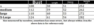 Detailed size chart for long sleeve crewneck sweater showing chest, length, and weight