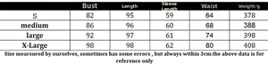 Detailed size chart for women's knit dress with bust, length, and sleeve measurements