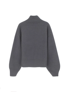 Dark grey knitted turtleneck sweater with long sleeves and ribbed cuffs in back view