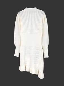 White cable knit long sleeve dress with turtleneck and asymmetric ruffled hemline