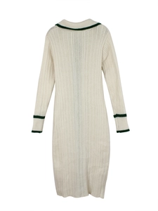 Cream knit long sleeve dress with green stripe lapel collar and ribbed texture back view