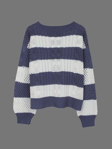 Women's crew neck striped hollow knit sweater with blue and white crochet design